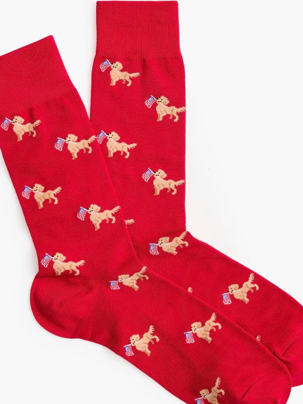 J. Crew Red Crew Socks with Tan Dog and Flag Motif